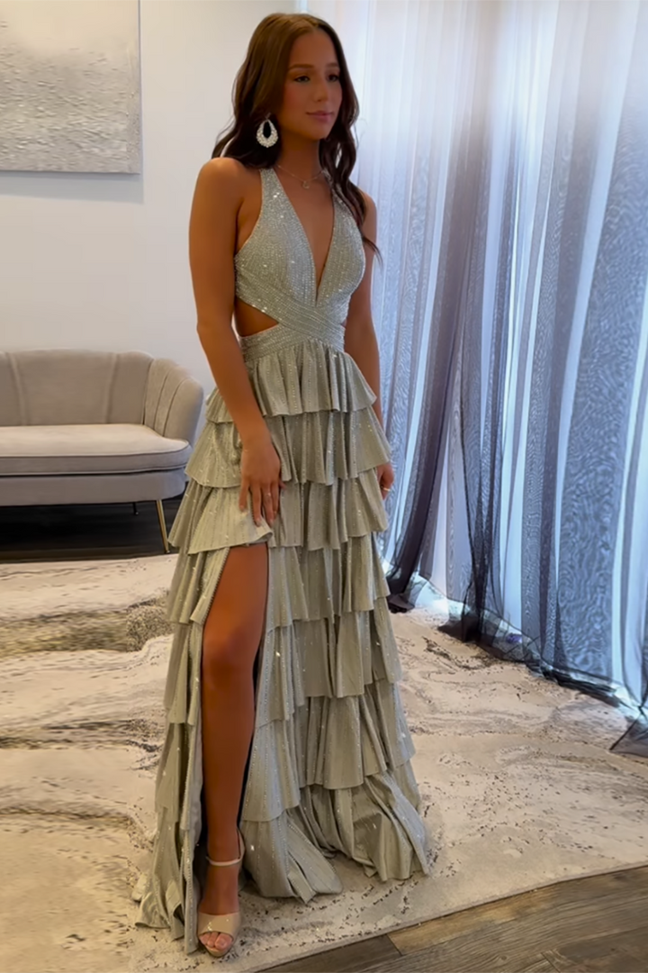 Sparkly Grey A Line Tiered Corset Long Beaded Prom Dress with Slit