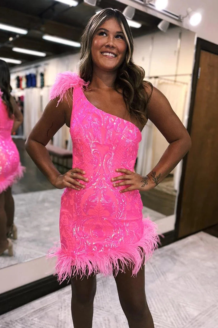 Sparkly Hot Pink One Shoulder Bodycon Homecoming Dress with Feather Sparkly Hot Pink One Shoulder Bodycon Homecoming Dress with Feather