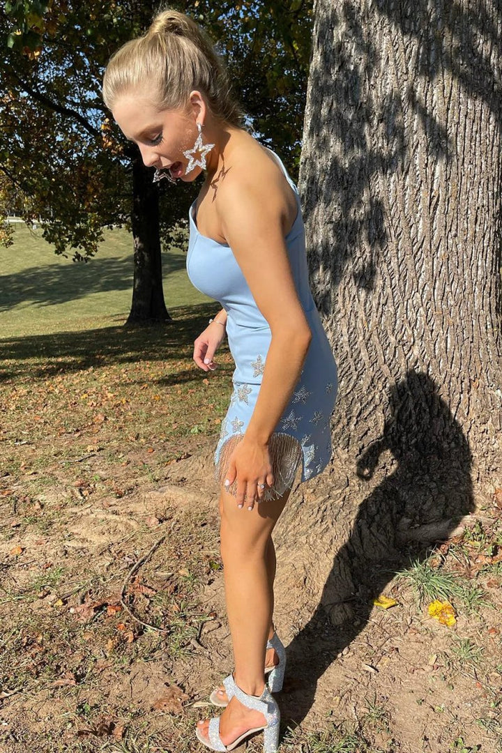 Koscy Sparkly Light Blue One Shoulder Stars Tight Short Homecoming Dress with Fringes