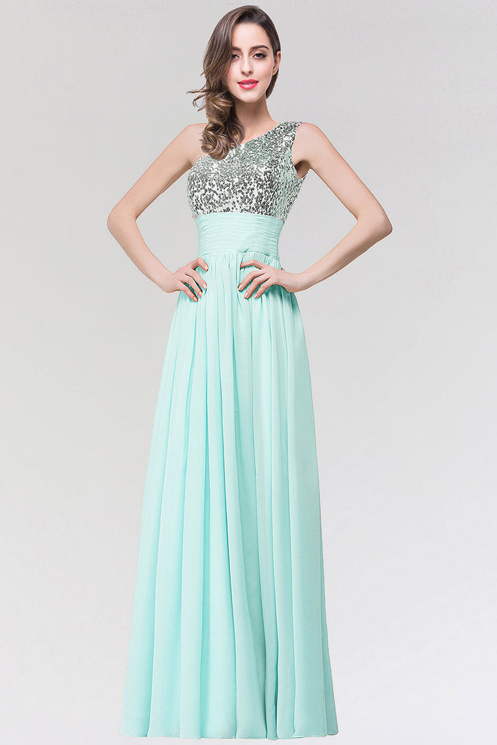 Sparkly One-shoulder Ruffle Long Bridesmaid dresses with Sequined Top