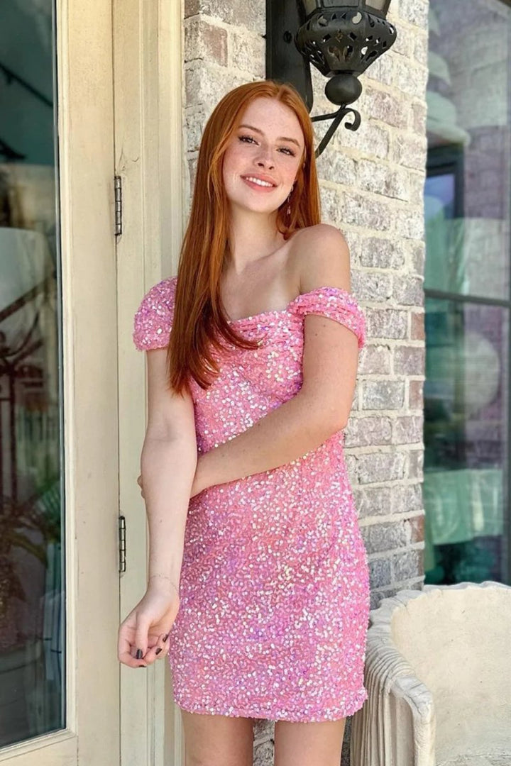 Koscy Sparkly Pink Sequins Tight Short Homecoming Dress