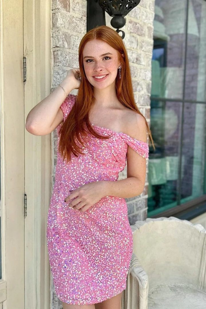 Koscy Sparkly Pink Sequins Tight Short Homecoming Dress