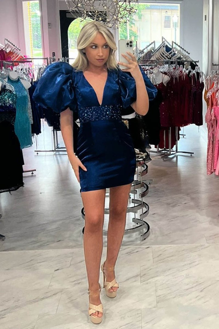 Koscy Sparkly Puff Sleeves Tight Short Homecoming Dress with Beading