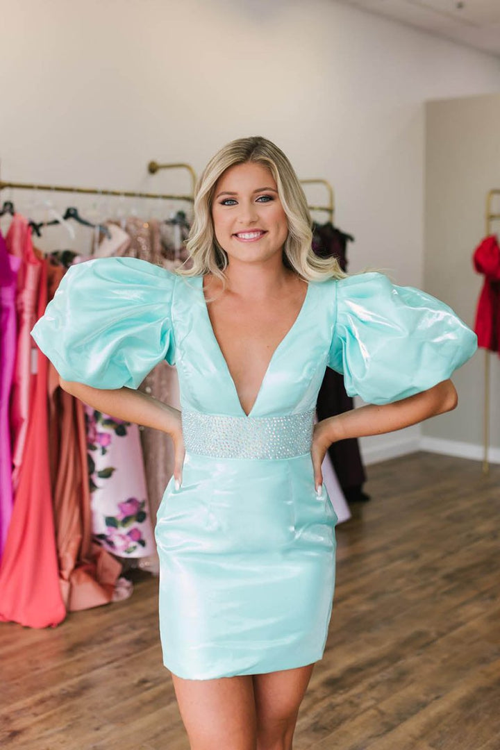Koscy Sparkly Puff Sleeves Tight Short Homecoming Dress with Beading