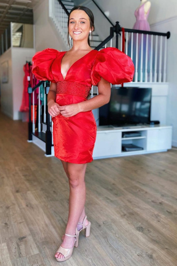 Koscy Sparkly Puff Sleeves Tight Short Homecoming Dress with Beading