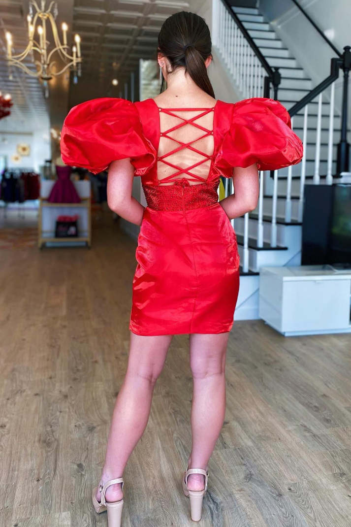 Koscy Sparkly Puff Sleeves Tight Short Homecoming Dress with Beading