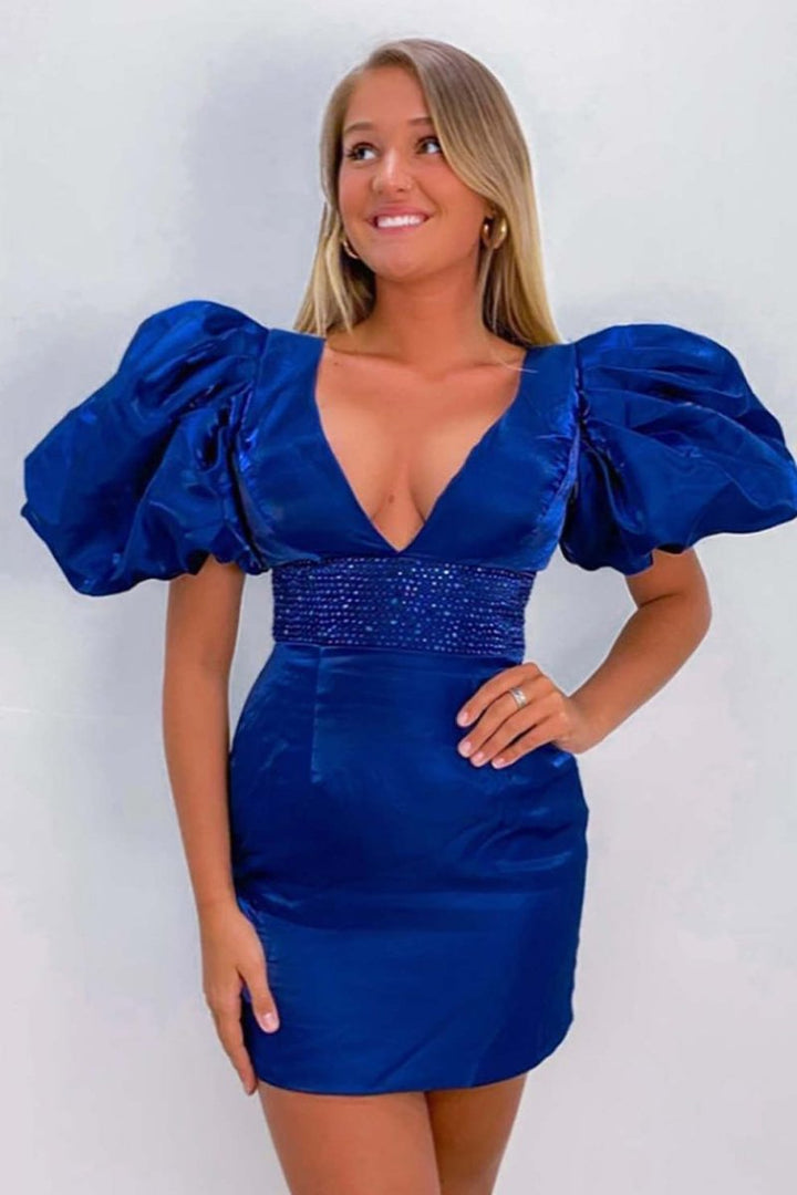 Koscy Sparkly Puff Sleeves Tight Short Homecoming Dress with Beading