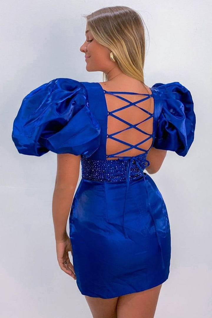 Koscy Sparkly Puff Sleeves Tight Short Homecoming Dress with Beading