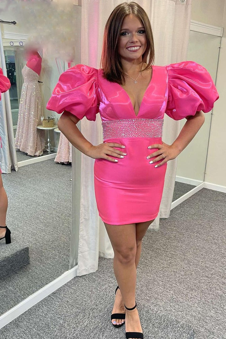 Koscy Sparkly Puff Sleeves Tight Short Homecoming Dress with Beading