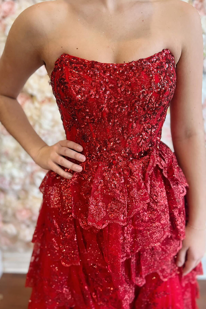 Sparkly Red Sequin Strapless Princess Tulle Tiered Long Corset Prom Dress with Slit Sparkly Red Sequin Strapless Princess Tulle Tiered Long Corset Prom Dress with Slit