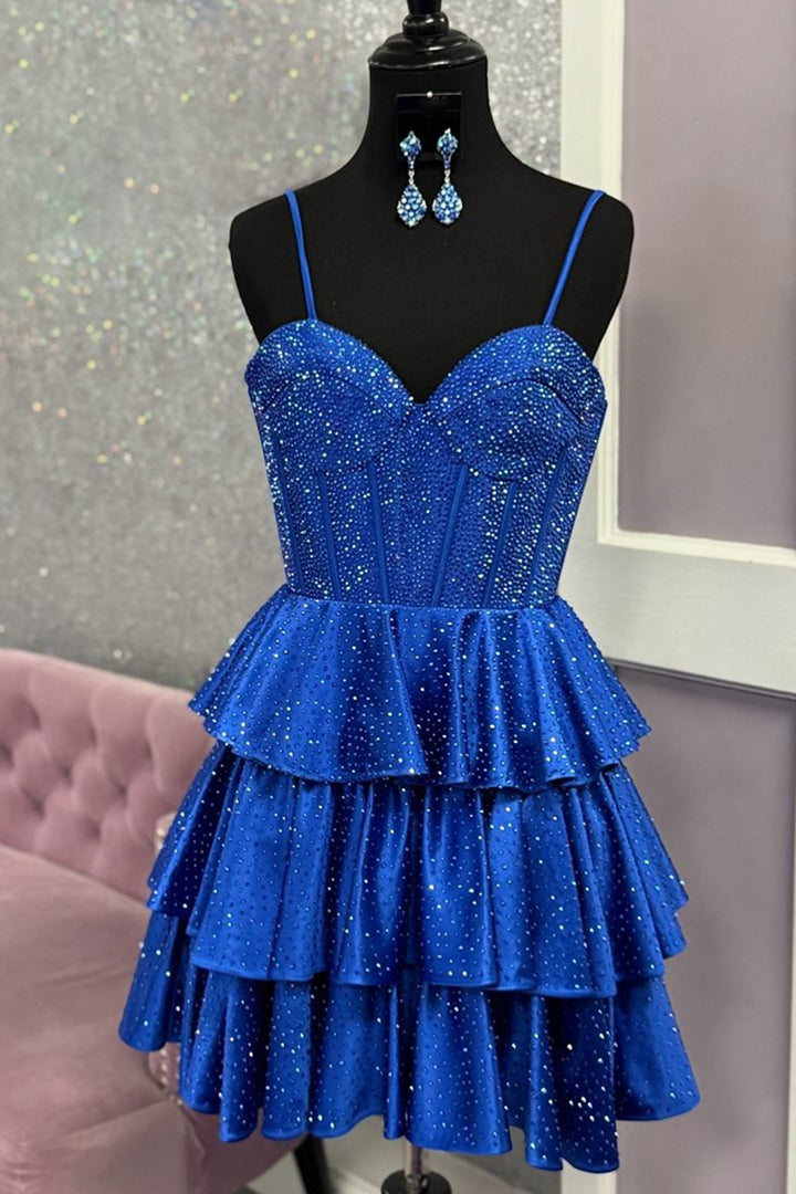 royal blue homecoming dress short Royal Blue Satin Princess Short Homecoming Dresses, Graduation Dress, MH610