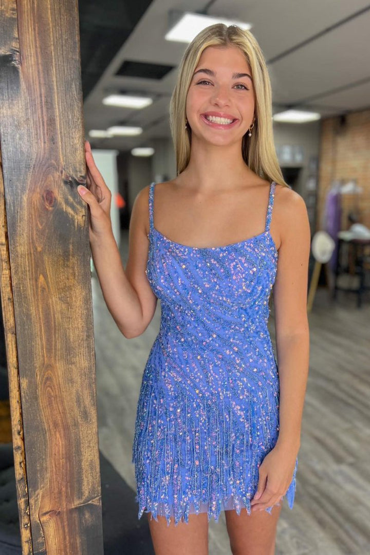Koscy Sparkly Sheath Spaghetti Straps Gold Short Homecoming Dress with Tassel