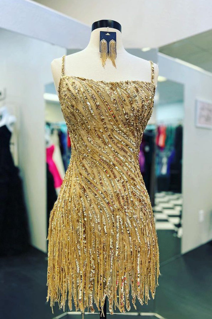 Koscy Sparkly Sheath Spaghetti Straps Gold Short Homecoming Dress with Tassel