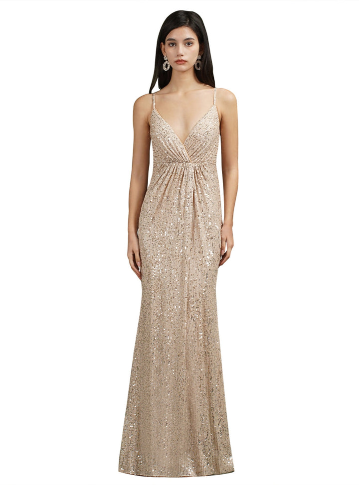 Sparkly Spaghetti Strap Sleeveless Long Meramid Sequins floor length Dress-koscy