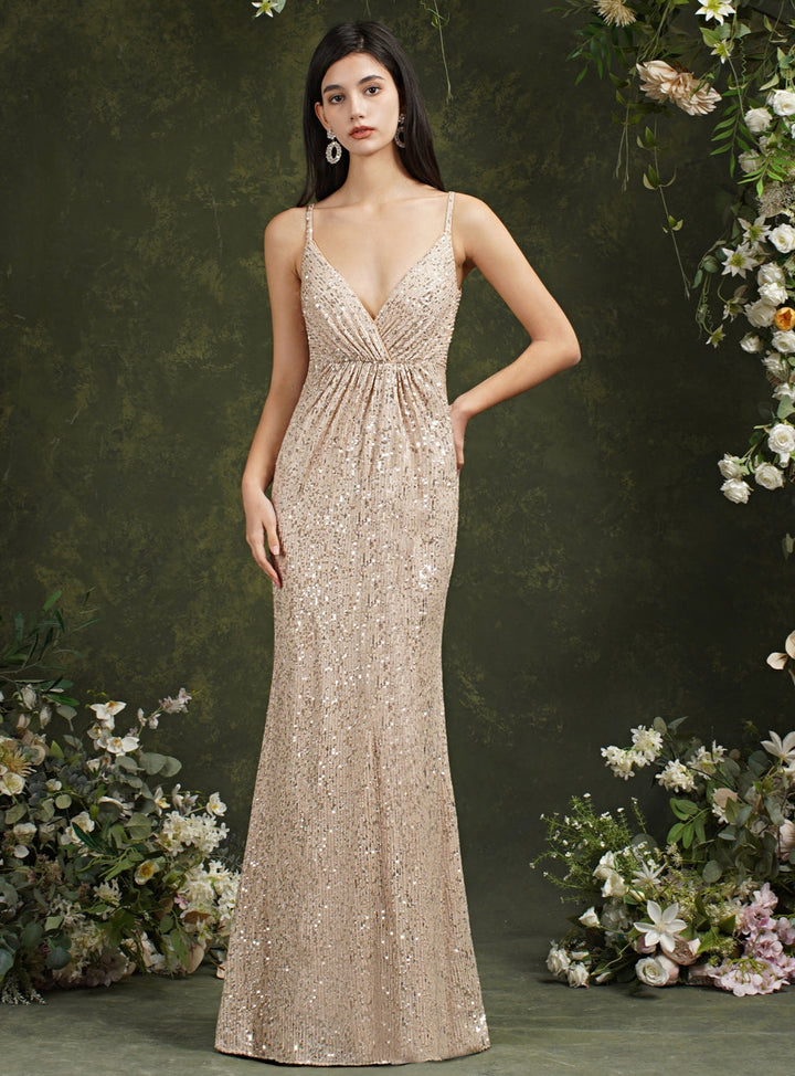 Sparkly Spaghetti Strap Sleeveless Long Meramid Sequins floor length Dress-koscy