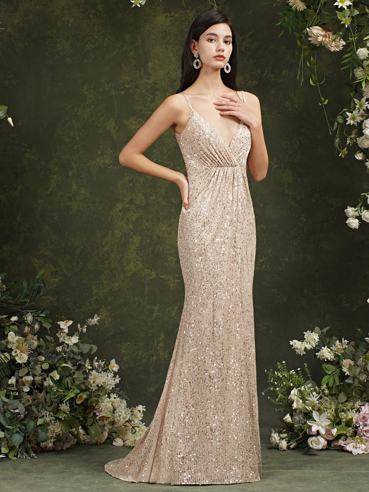 Sparkly Spaghetti Strap Sleeveless Long Meramid Sequins floor length Dress-koscy