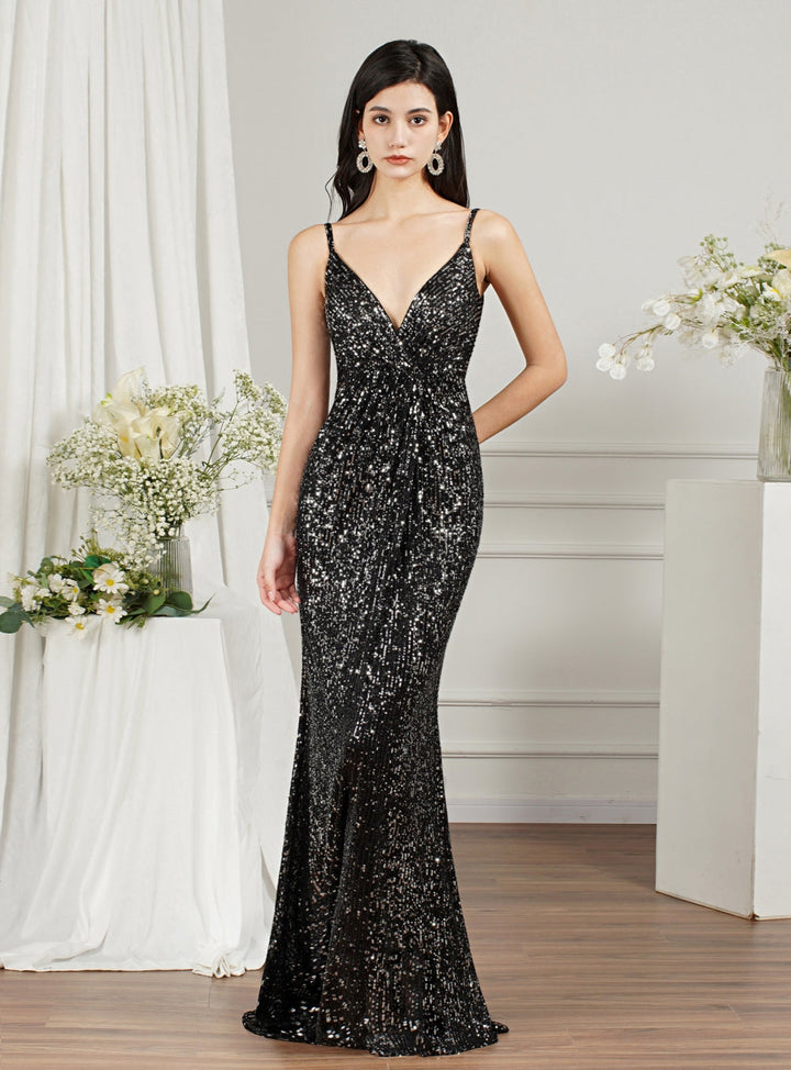 Sparkly Spaghetti Strap Sleeveless Long Meramid Sequins floor length Dress-koscy