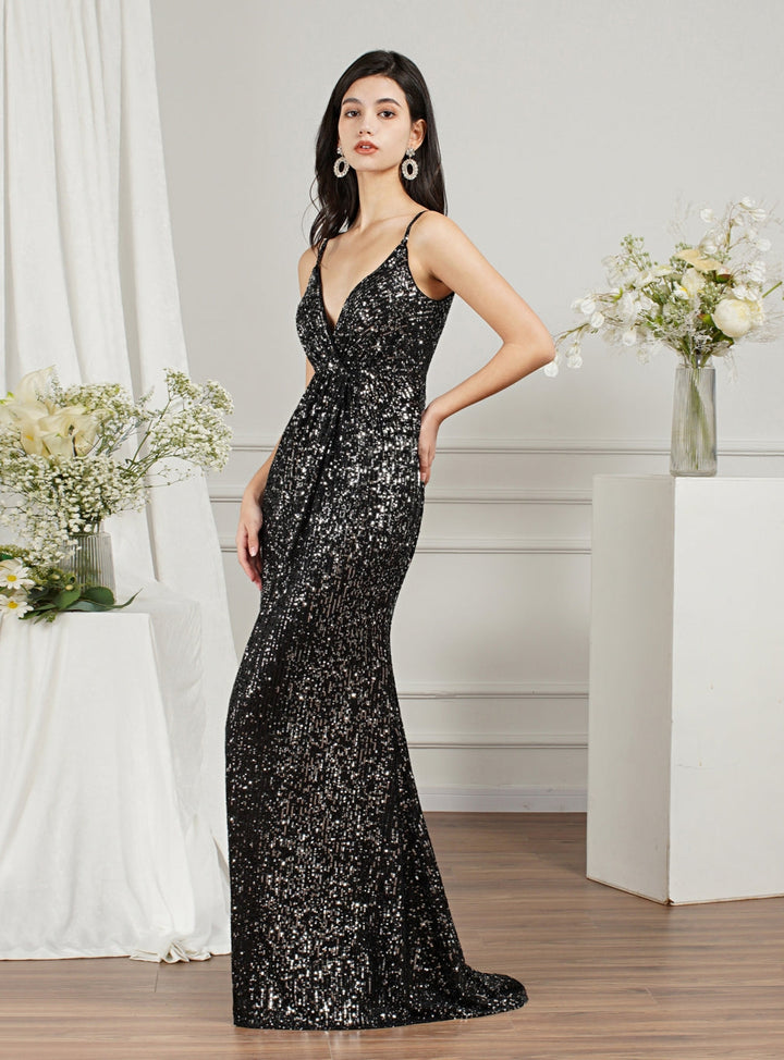 Sparkly Spaghetti Strap Sleeveless Long Meramid Sequins floor length Dress-koscy