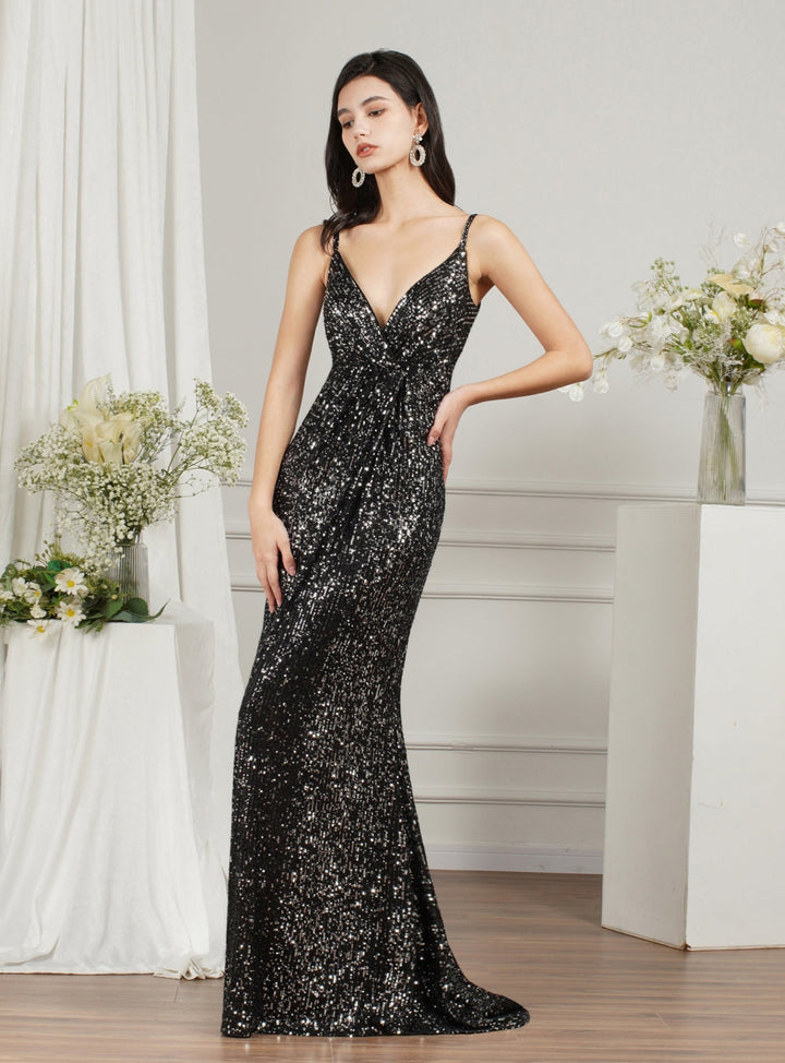 Sparkly Spaghetti Strap Sleeveless Long Meramid Sequins floor length Dress-koscy