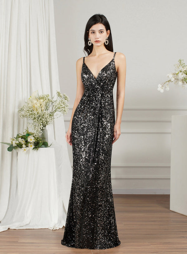 Sparkly Spaghetti Strap Sleeveless Long Meramid Sequins floor length Dress-koscy