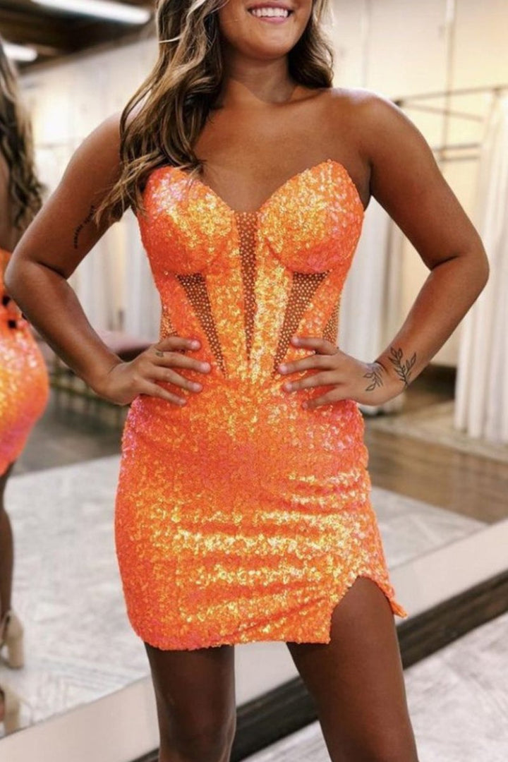 Koscy Sparkly Strapless Bodycon Sequin Short Homecoming Dress with Slit