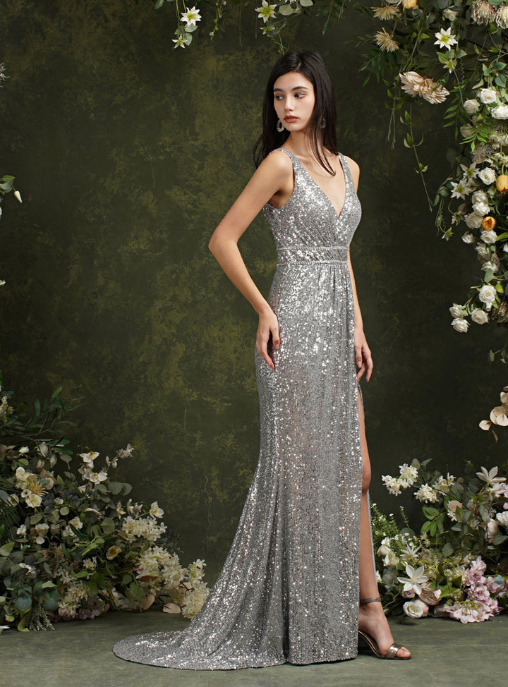 Sparkly Straps V Neck Mermaid Floor Length Dress With Sequins-koscy