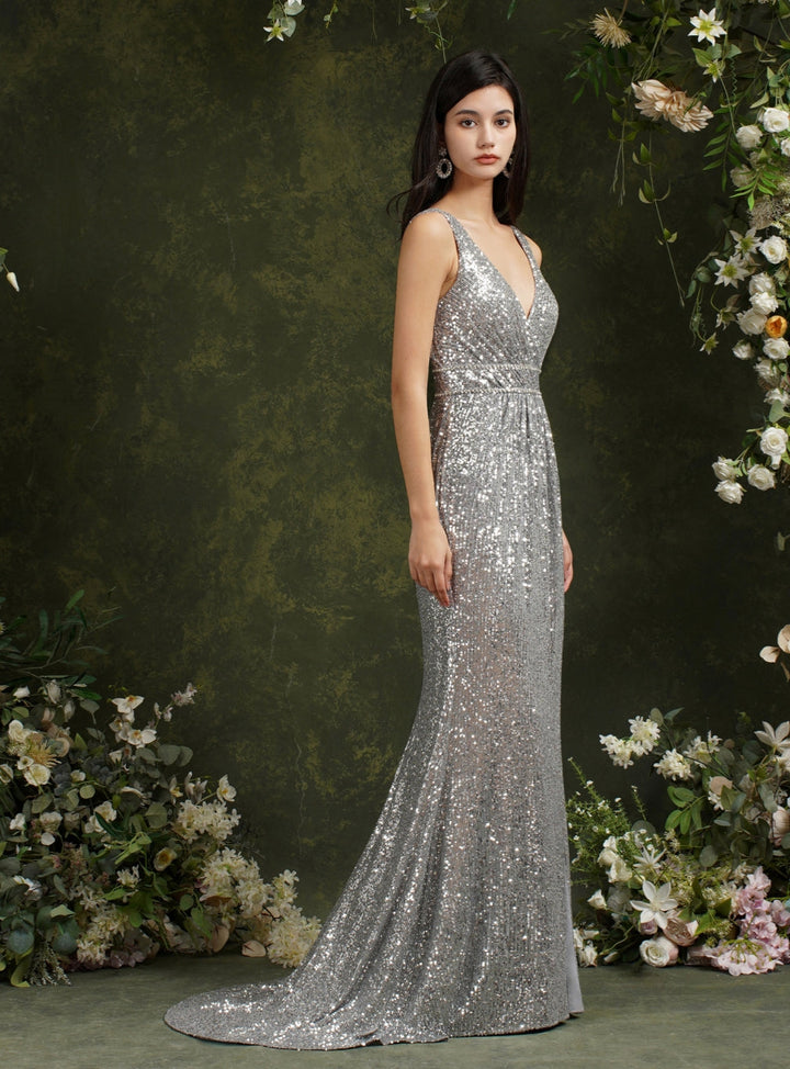 Sparkly Straps V Neck Mermaid Floor Length Dress With Sequins-koscy