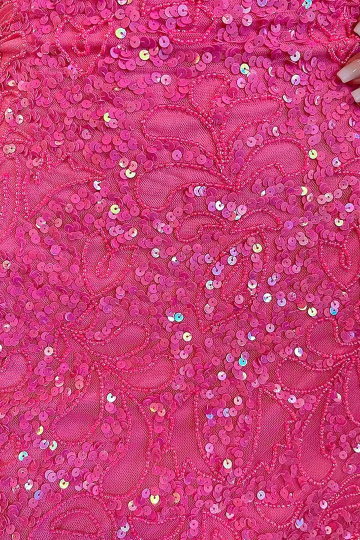 Koscy Bodycon Fuchsia Sparkly V Neck Sequin Homecoming Dress With Criss Cross Back