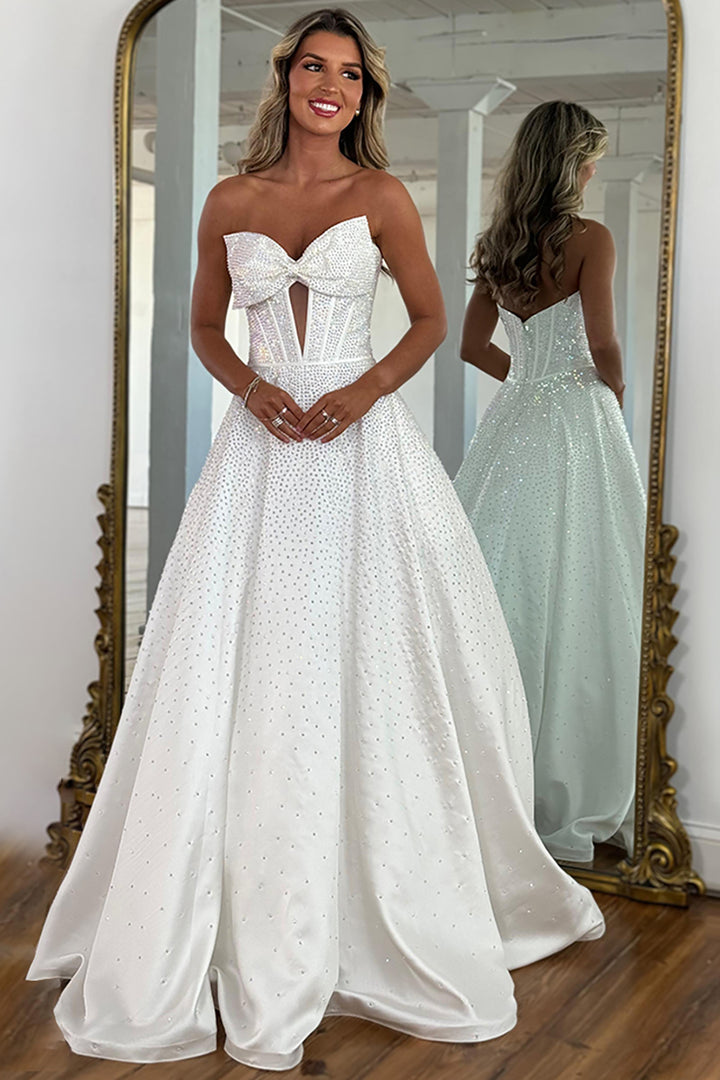 white corset prom dress Sparkly White Sweetheart Beaded Princess Long Corset Prom Dress with Bow
