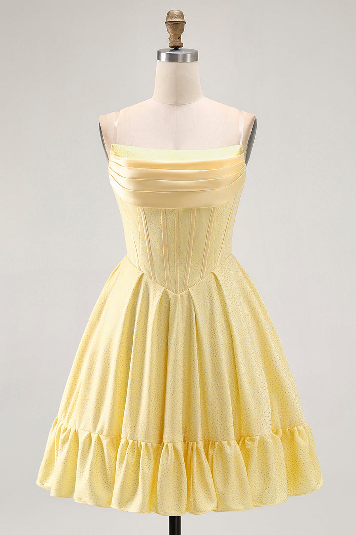 Sparkly Yellow Strapless Satin Beaded Short Corset Homecoming Dress Sparkly Yellow Strapless Satin Beaded Short Corset Homecoming Dress