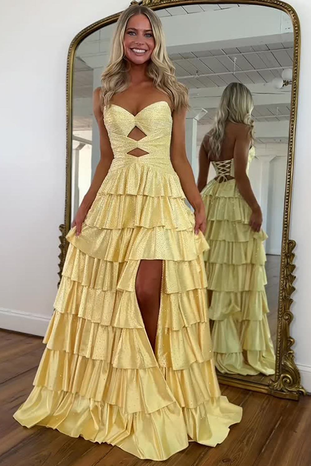 Sparkly Yellow Sweetheart A-Line Satin Ruffled Cut-Out Long Prom Dress with  Beading