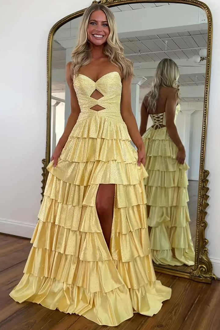 yellow sparkly prom dress Sparkly Yellow Sweetheart A-Line Satin Ruffled Cut-Out Long Prom Dress with  Beading