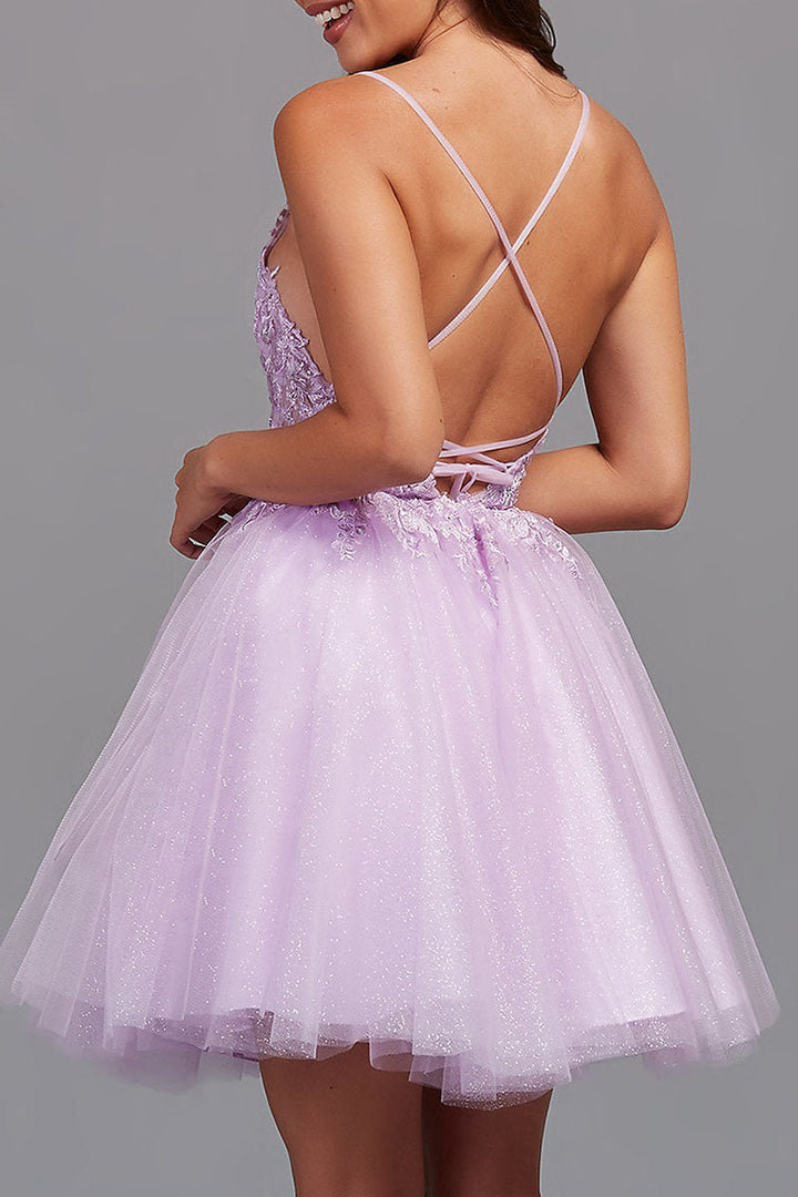 Koscy A-Line Backless Tulle Appliqued Homecoming Dress
