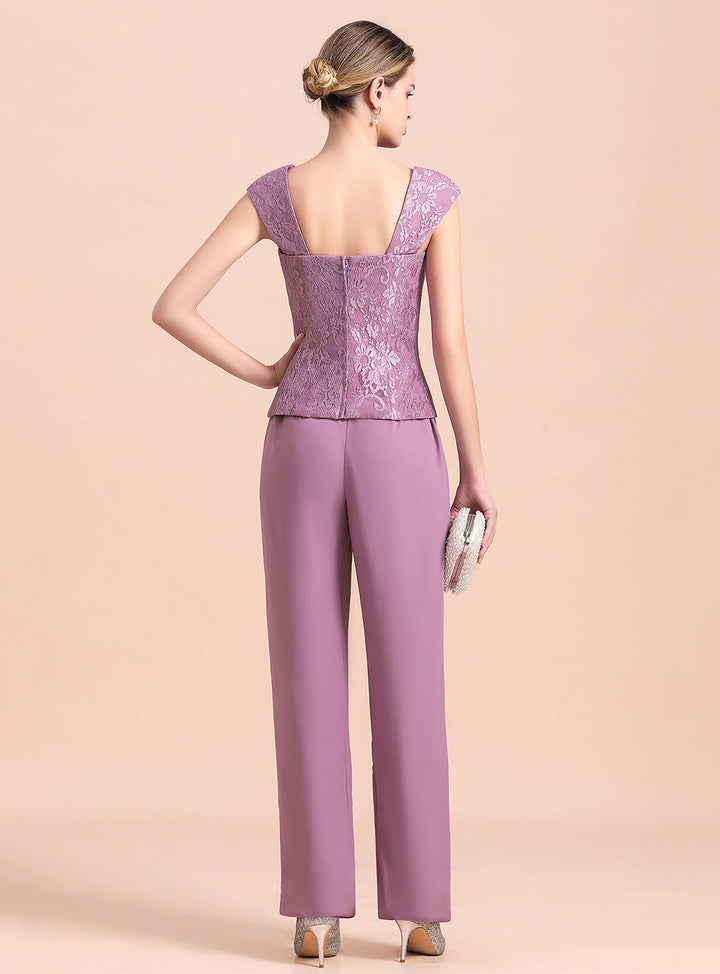 Square Cap-Sleeves Lace Chiffon Jumpsuit-koscy