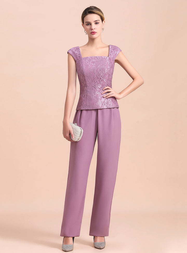 Square Cap-Sleeves Lace Chiffon Jumpsuit-koscy