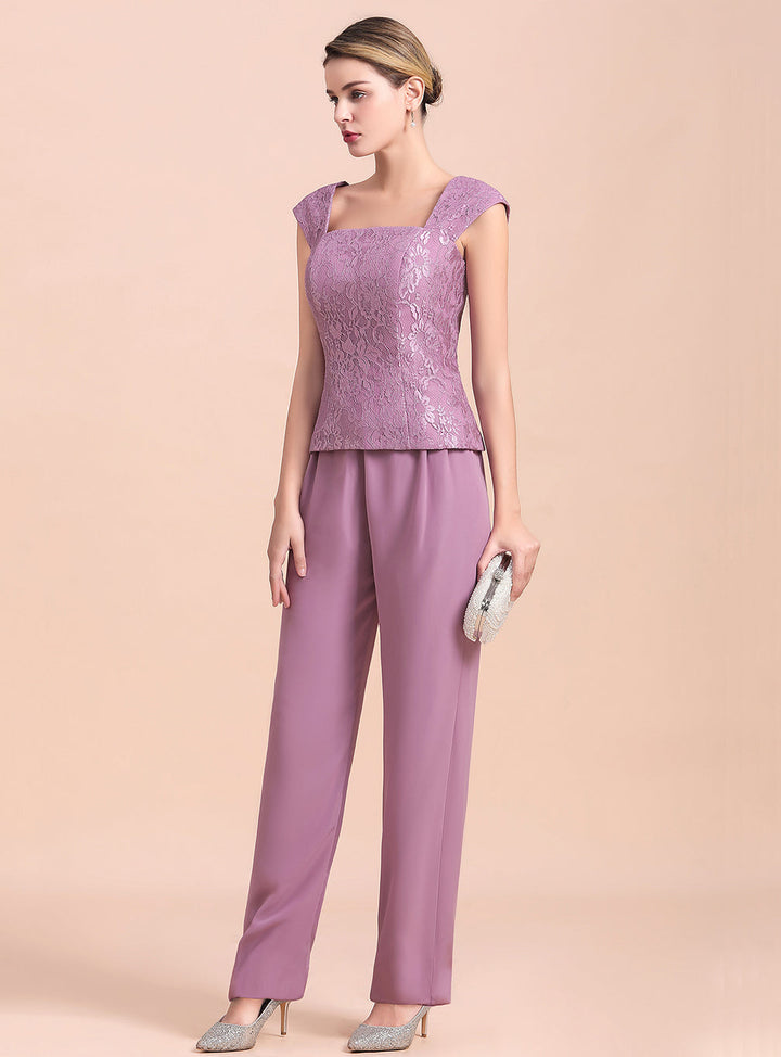 Square Cap-Sleeves Lace Chiffon Jumpsuit-koscy