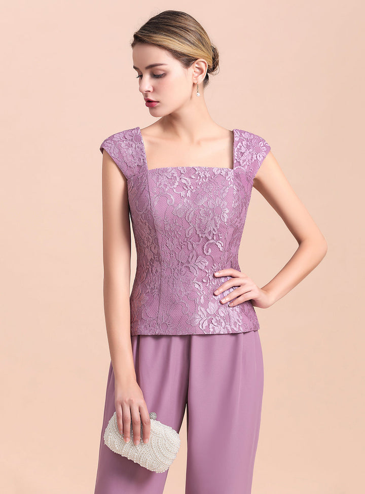 Square Cap-Sleeves Lace Chiffon Jumpsuit-koscy