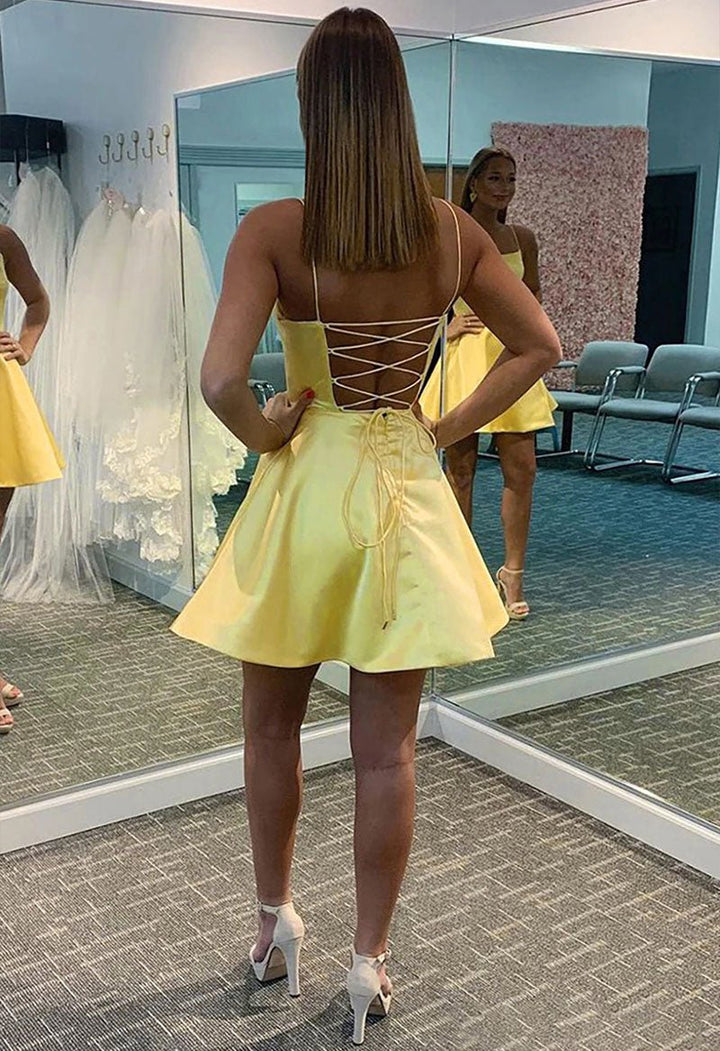 Koscy Square Neck A Line Sleeveless Satin Short Homecoming Dress