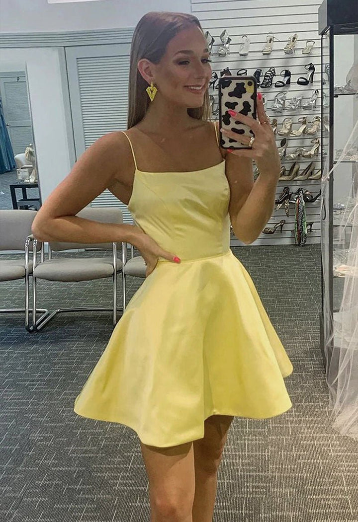 Koscy Square Neck A Line Sleeveless Satin Short Homecoming Dress