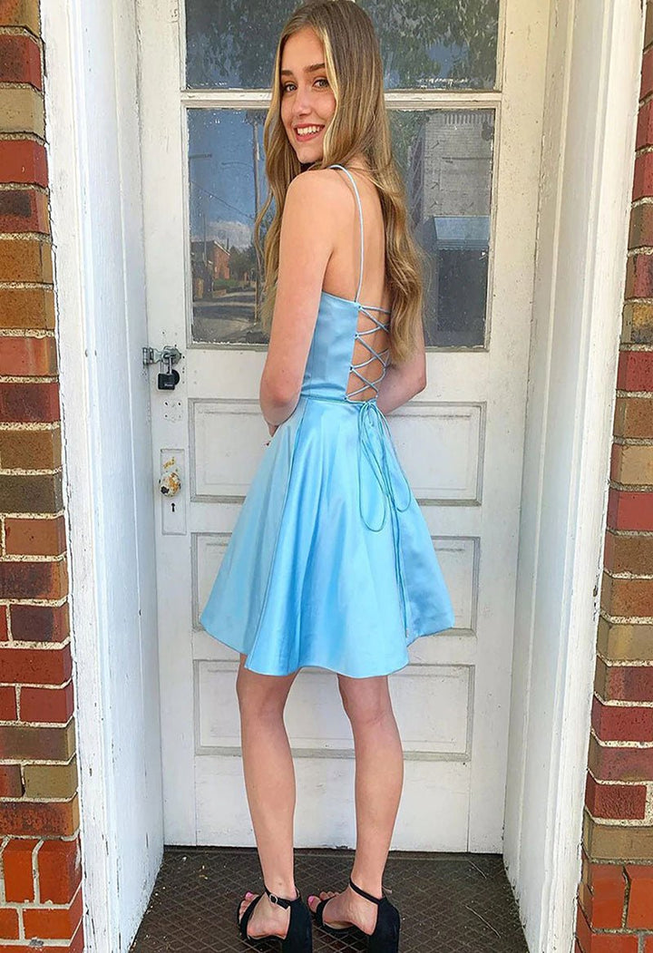 Koscy Square Neck A Line Sleeveless Satin Short Homecoming Dress