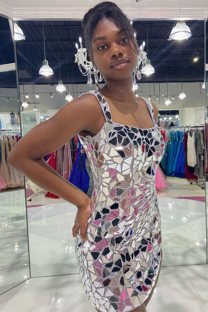 silver bodycon homecoming dress Square-Neck Cut-Mirror Sequin Sheath/Column;Hemline