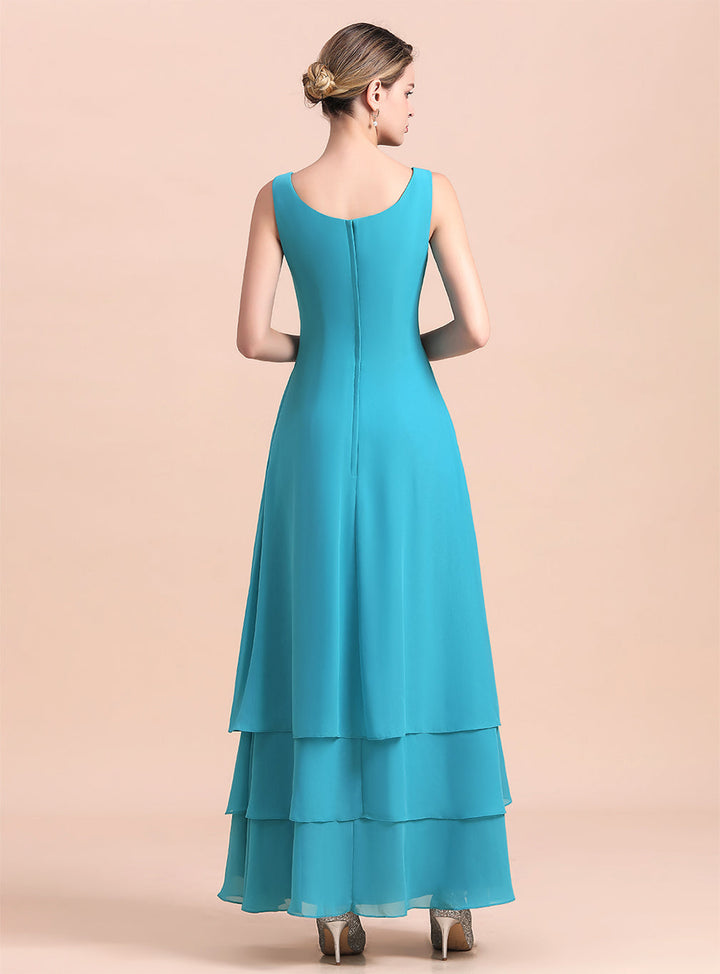 Square Sleeveless Flowers Layers Ankle-Length Dress-koscy