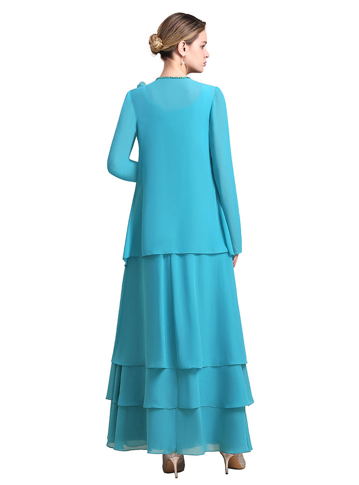 Square Sleeveless Flowers Layers Ankle-Length Dress-koscy