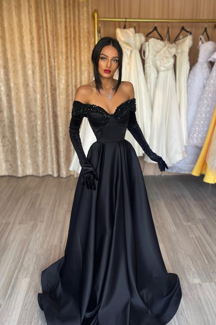 open lace back dress Strapless Black Prom Dress A-Line With Gloves Charmeuse