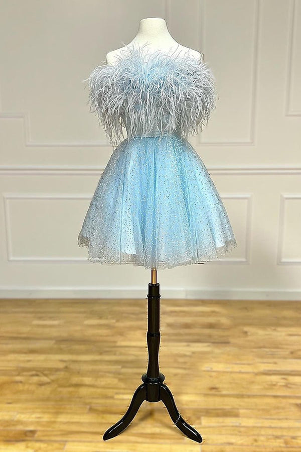 Koscy Strapless Feather A-line Cute Homecoming Dress