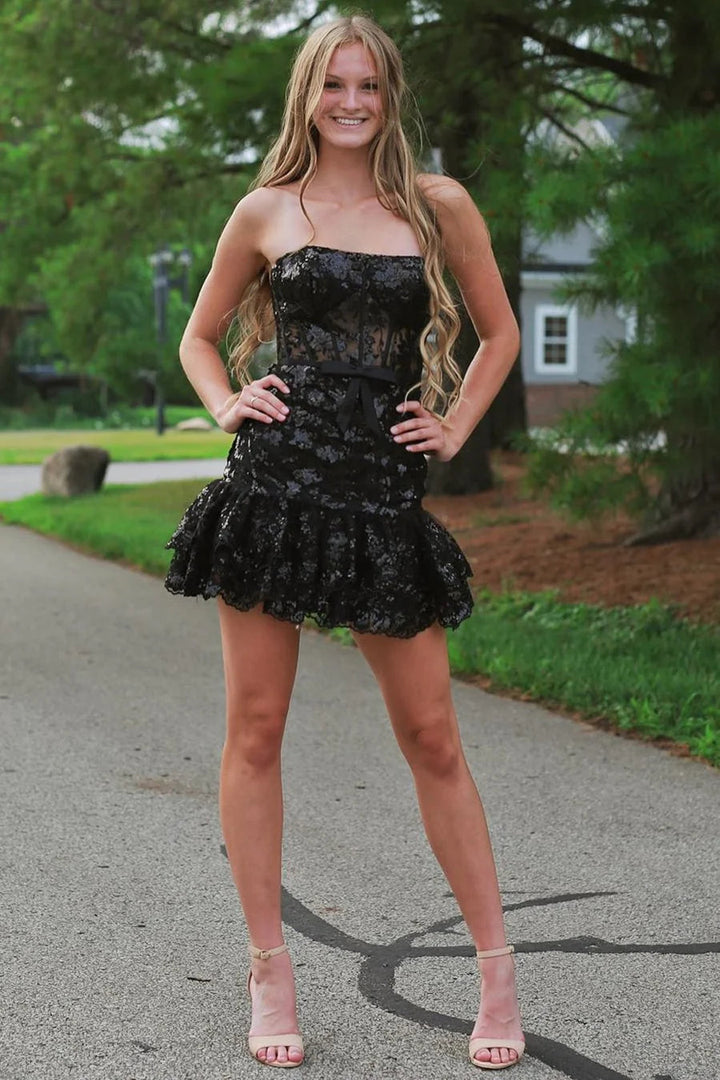 Koscy Strapless Lavender Sequin Tight Mini Dress with Ruffles