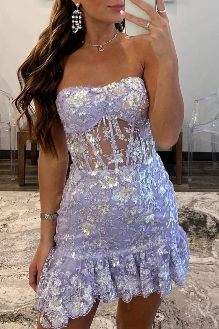 Koscy Strapless Lavender Sequin Tight Mini Dress with Ruffles