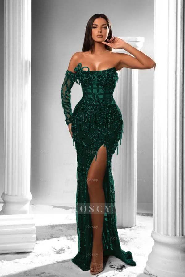 Strapless Long Sleeve High Split Long Formal Dress With Appliques Strapless Long Sleeve High Split Long Formal Dress With Appliques