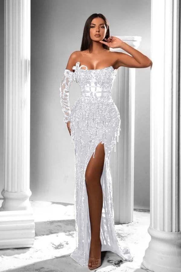 split long sleeve dress Elegant Long Dark Green Velvet Front Split Long Prom Dresses With Long Sleeves