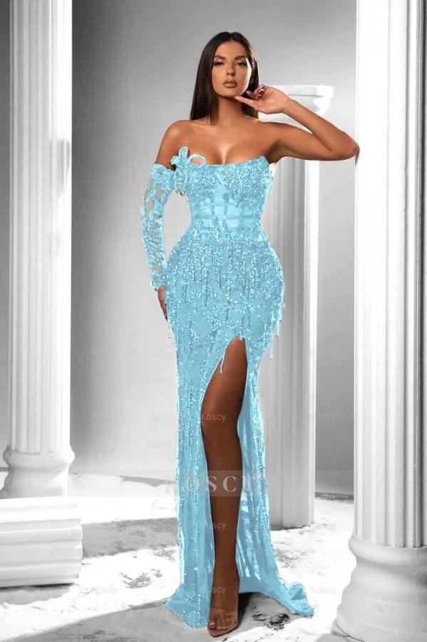 green emerald velvet dress A-Line V-Neck Royal Blue Long Sleeves Prom Dress with Appliques PG996 US12 / Custom Color main image 1